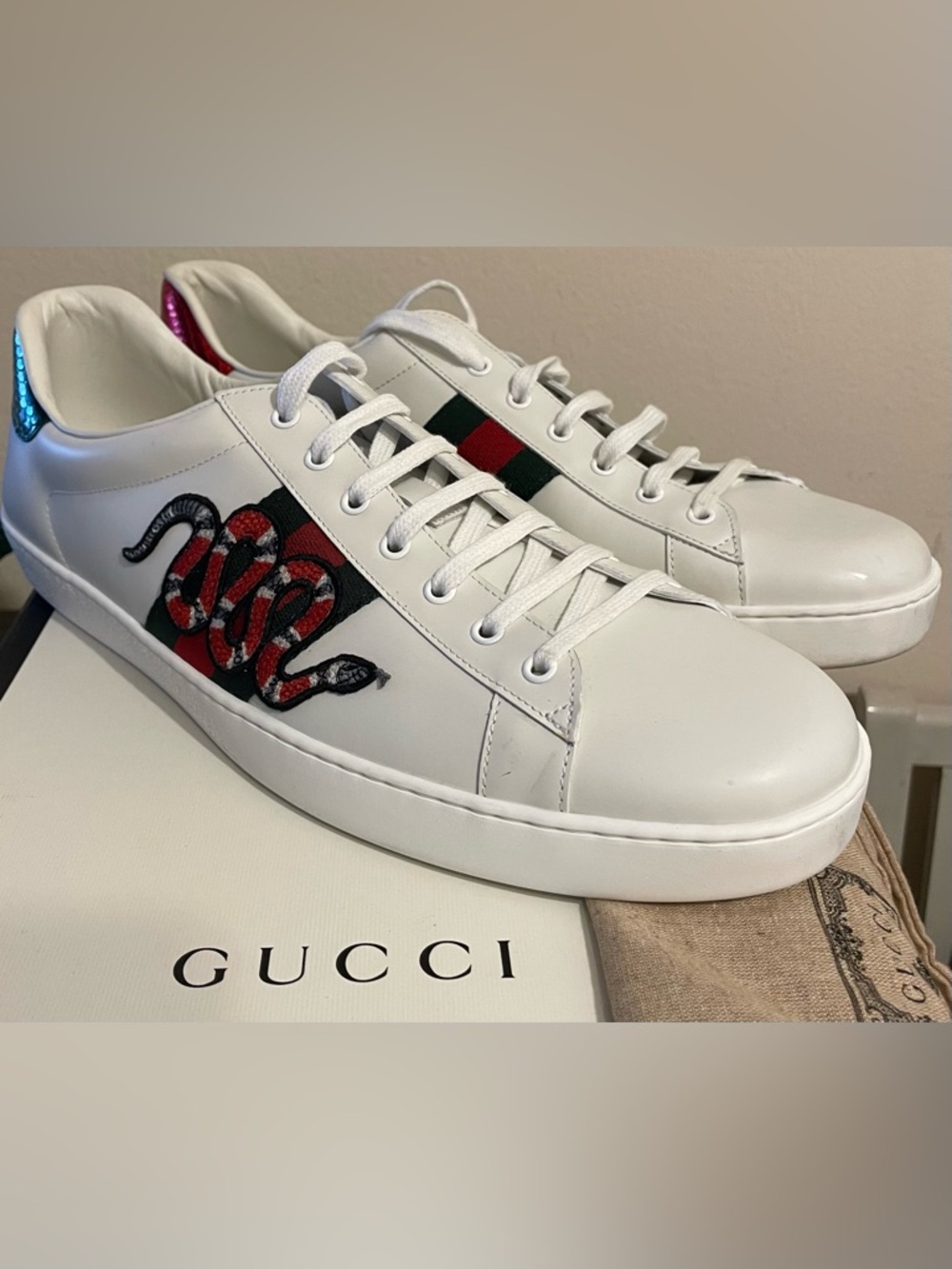 Gucci White Leather Sneakers with Red & Green Web and Embroidered Snake - Picture 1 of 8